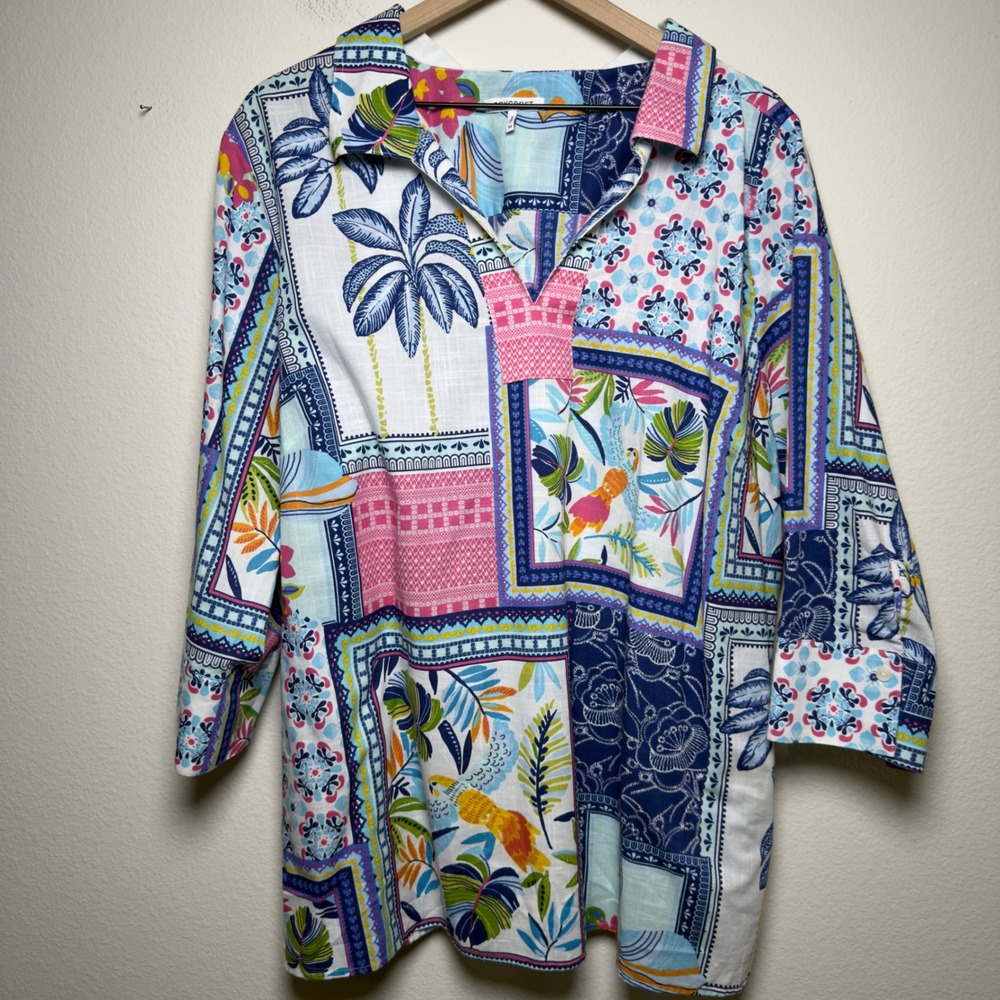 Foxcroft‎ Women Popover Top 3X Multicolor Artsy Julia Patchwork Tropical Cotton